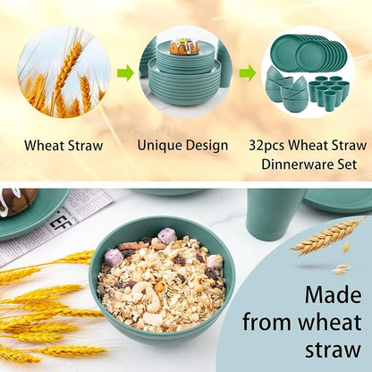 32 Pcs Teal Wheat Straw Dinnerware Set