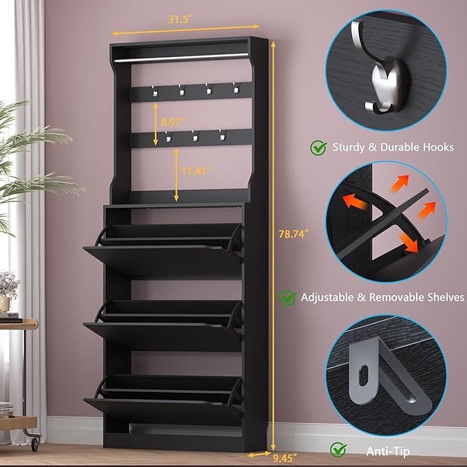 Shoe Cabinet with 3 Flip Drawers & Coat Rack, Narrow Hidden Shoe Storage Cabinet, 2-in-1 Hall Tree Slim Freestanding Shoe Rack Organizer for Entryway, Hallway, and Living Room