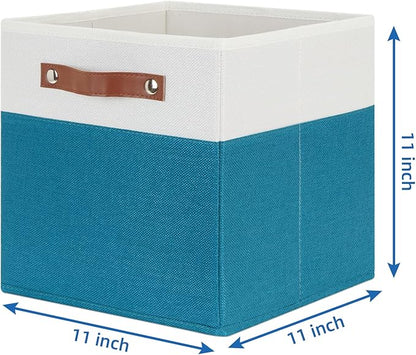 Temary Storage Cube Bins 11 Cube Storage Bins Storage Baskets for Closet, Shelves 4 Pack Fabric Organizer Bins with Leather Handles(White&Teal)