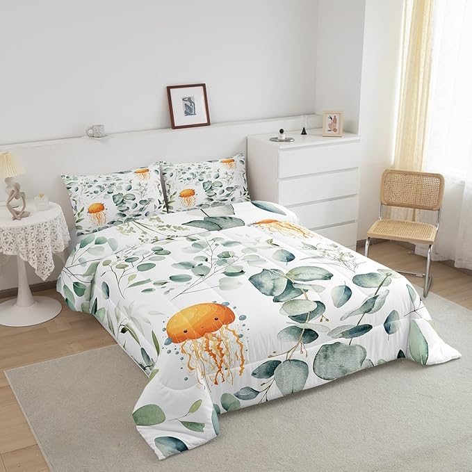 Erosebridal Kawaii Jellyfish King Comforter Set for Boys Girls Cartoon Animal Bedding Set King, Eucalyptus Leaves Bedding Comforter Sets Ocean Wildlife Duvet Set, Tropical Plants Quilted Comforter