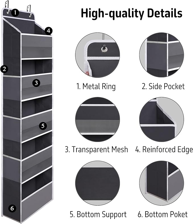 Over Door Organizer with 5 Large Pockets, Heavy Duty Hanging Organizer Storage, Closet Bathroom Nursery Bedroom Dorm, Toys Cosmetics Sundries and Baby Essentials, Gray