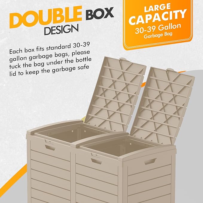 62 Gallon Outdoor Trash Can, Waterproof Resin Trash Can with Layered Lid and Drip Tray, Perfect for Patio, Backyard (Grey)