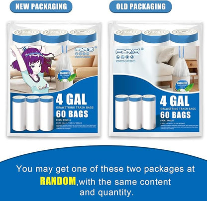 FORID Small Drawstring Trash Bags - 4 Gallon Plastic Garbage Bags White Unscented Can Liners 60 Count Strong Wastebasket Bags for Bathroom Office Home Kitchen Bedroom Travel 15 Liter - Durable & Thick
