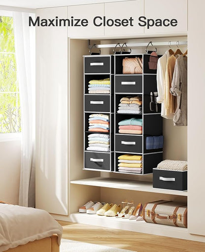 Pipishell Hanging Closet Organizer 6-Shelf, Hanging Shelves for Closet with 3 Removable Drawers & Side Pockets, Hanging Shelf Organizer for Bedroom or Garment Rack, 12'' x 12'' x 43.3'', Black