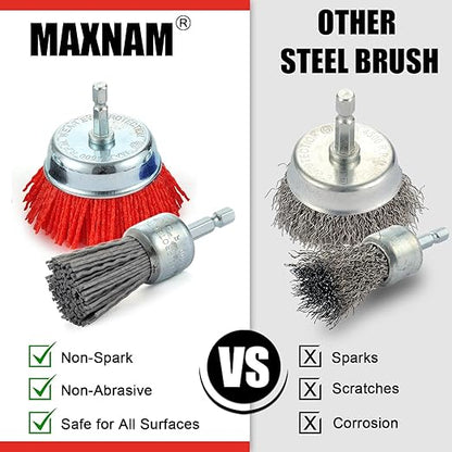 MAXMAN Nylon Drill Brush Set for Rust Removal - 9 Pack Abrasive Wheel & Cup Brush Attachments, 1/4" Hex Shank, Remove Paint & Corrosion from Metal, Wood - Heavy Duty Tools for Drills & Impact Drivers