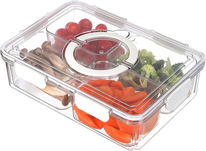 Taiuloo Divided Serving Tray with Lid & Handle, Airtight 4 Compartment Snackle Box Charcuterie Container, Fridge Organizer Bins, Food Storage Container Veggie Tray for Snack, Fruit, Candy, Nuts
