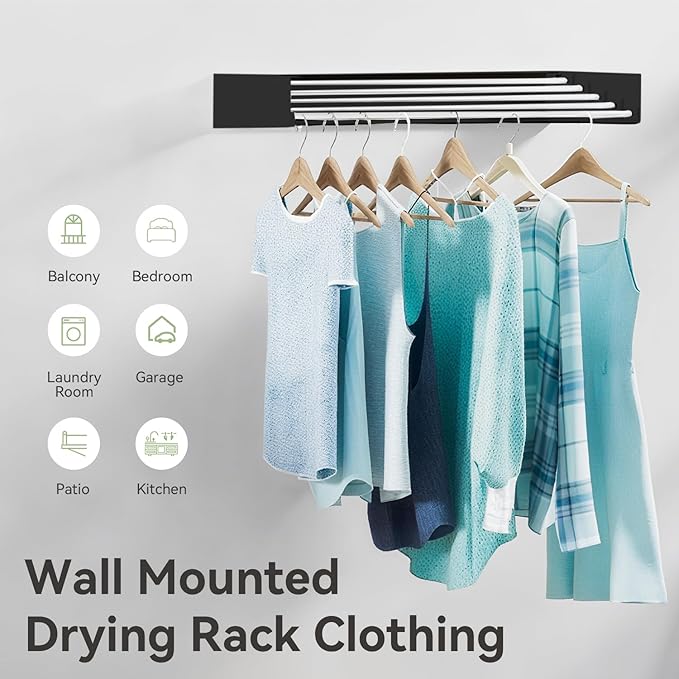 Wall Mounted Clothes Drying Rack, 5 Aluminum Rods, Collapsible, White, 32 inches (Black, 32'')