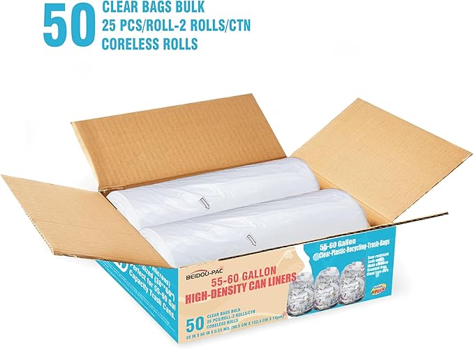 55-60 Gallon Trash Bags, 50 Count Bulk, Heavy Duty Clear Plastic Recycling Bags, Multi-purpose Garbage Bags for home Commercial, Outdoor, Construction, Industrial, Lawn, Leaf