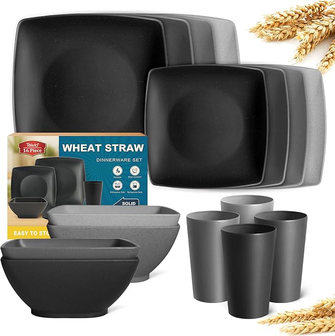 Teivio 16-piece Plastic Wheat Straw Square Dinnerware Set