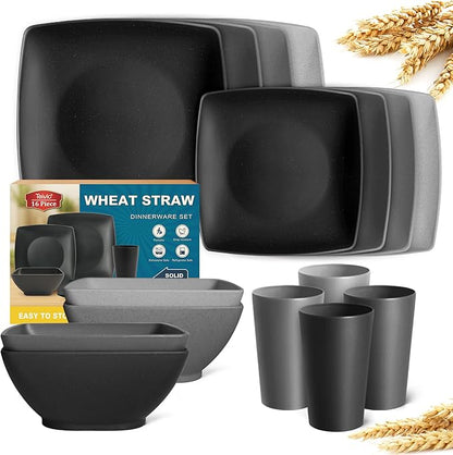 Teivio 16-piece Plastic Wheat Straw Square Dinnerware Set