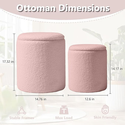 Boucle Round Ottoman with Storage Set of 2,Small Foot Stool Ottoman for Living Room, Small Coffee Table,Vanity Stool with Storage for Bedroom, Pink
