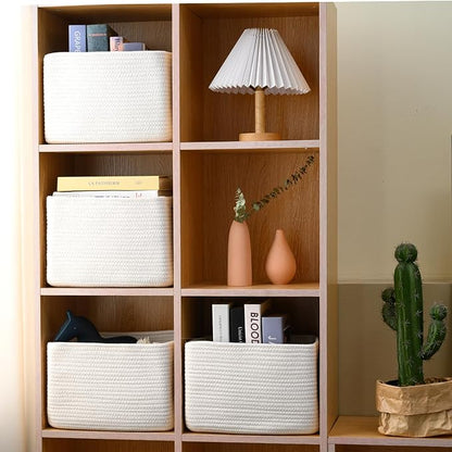 White Storage Baskets for Organizing, Woven Storage Baskets for Shelves, Cotton Rope Basket for Storage, Cute Rectangular Book Toy Basket, 12.7"×9.1"×7.9", 4 Packs, Off White