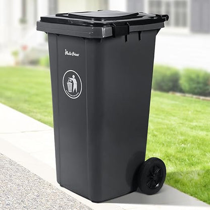 32 Gallon Trash Can with Wheels Outdoor Trash Can with Lid and Wheels Lockable Garbage Can Commercial Heavy-Duty Trash Bin Rolling, Plastic Gray