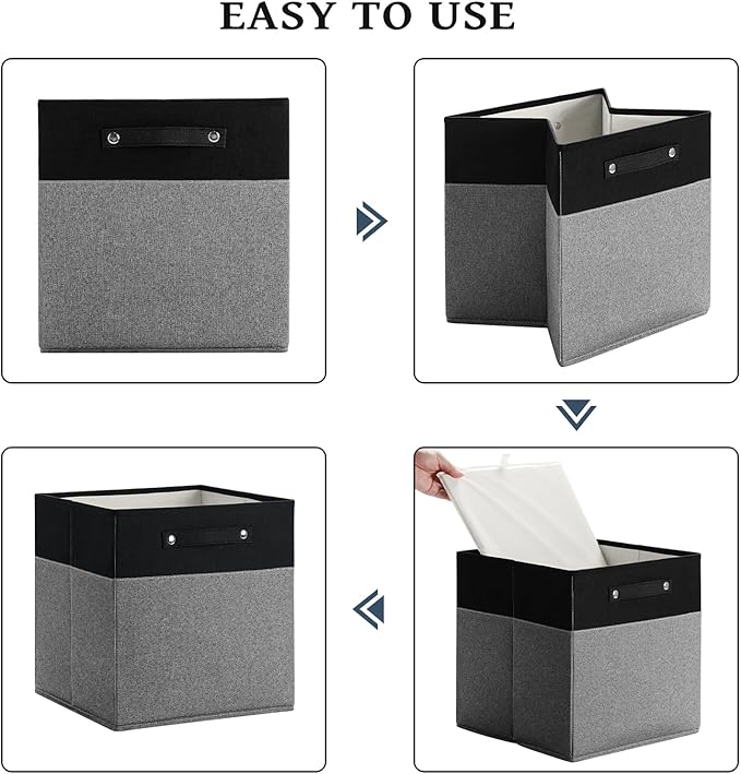 13 x 13 Inch Fine Linen Storage Bins with Handles，Fabric Cube Boxs，Collapsible Basket Organizers for Shelves for Home, Closet Drawers (Black/Gray-4 Pack)