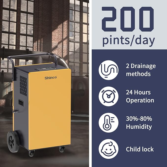 Shinco Commercial Dehumidifiers with Pump, 200 Pints Industrial Dehumidifier for Crawl Spaces, Basements Warehouse and Large Spaces up to 8,000 Sq Ft