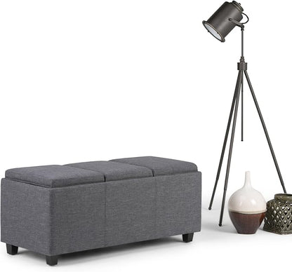 SIMPLIHOME Avalon 42 Inch Wide Contemporary Rectangle Storage Ottoman in Slate Grey Linen Look Fabric, Assembled, For the Living Room, Entryway and Family Room