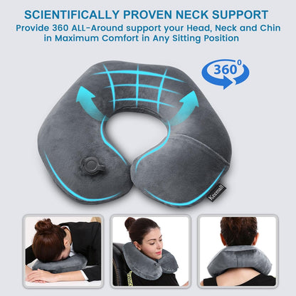 Inflatable Travel Neck Pillow, Super Soft Plane Neck Support Pillow for Travel Ariplane Sleep Support, Adjustable Neck Cushion Headrest Pillow, Folds Up Nicely, Black Grey