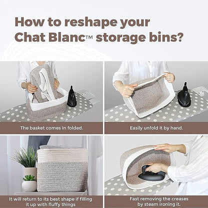 CHAT BLANC Cotton Rope Baskets for Organizing I Storage Baskets for Shelves | Rope Basket for Storage, Small Laundry Baskets, Woven Baskets for Storage, Dog Toy Bin, Baby Basket, Gray & Graphite 3Pack