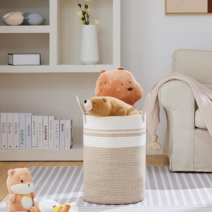 VIPOSCO Large Laundry Hamper, Tall Woven Rope Storage Basket for Blanket, Toys, Dirty Clothes in Living Room, Bathroom, Bedroom - 58L Brown & White