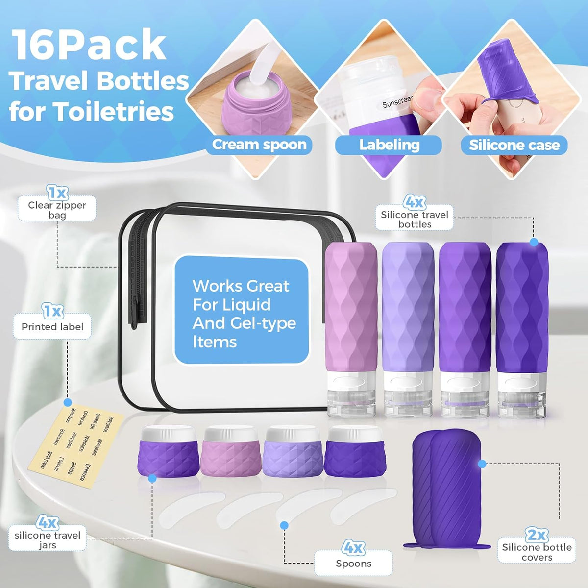 16Pack Travel Bottles for Toiletries, TSA Approved Travel Size Toiletries Containers Set, Silicone Leak Proof Refillable Bottles Elastic Sleeves Creams Jars Accessories Kit W/Clear Bag (Purple)