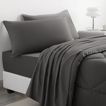 NTBAY Twin Comforter Set with Sheets, 5 Pieces Soft and Breathable Twin Bedding Set, Twin Bed in a Bag, Down Alternative Comforter Set Solid Color All Season, Kids Bedding Set, Dark Grey