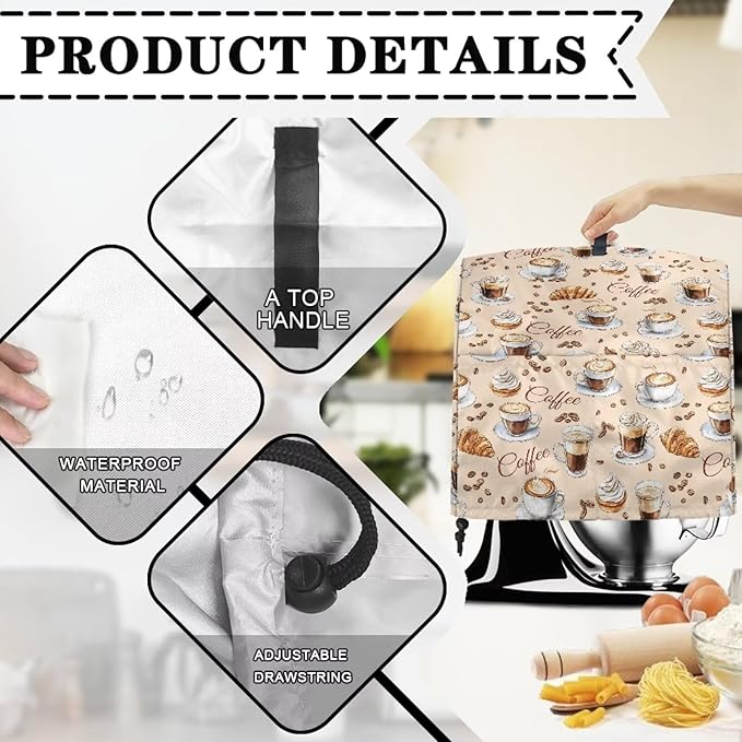 Coffee Pattern Mixer Covers Universal Stand Mixer Dust Cover Compatible with 6-8 Qt Kitchen Aid Mixer Small Appliance Protector