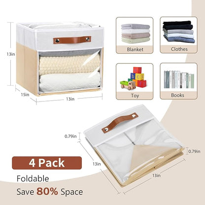 HNZIGE Fabirc Storage Cube Bins 13x13x15 Storage Cube Bins, 4 Pack Foldable Decorative Clear Cube Storage Bins for Cube Organizer Canvas Cubby Storage Organizer Bins for Shelves Pantry- White Beige