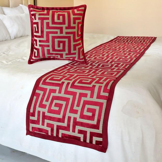 The HomeCentric King/Queen/Twin Red Designer Full 68"x18" Bed Runner with 2 Pillow Cover, Maze Bed Scarf on Velvet Fabric - Path