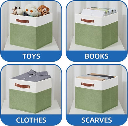 Temary 13 Inch Cube Storage Bin 4 Pack Fabric Storage Cubes Fabric Storage Bin for Shelf, Cube Storage Basket with Leather Handles(White&Green)