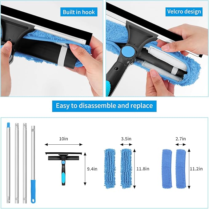 Professional 72'' Window Squeegee Cleaning Washing Tool/Kit with Extension Pole, 3 in 1 Squeegee for Window Cleaning Kit for High Window with 1 Rotatable Head 4 Interchangeable Scrubber