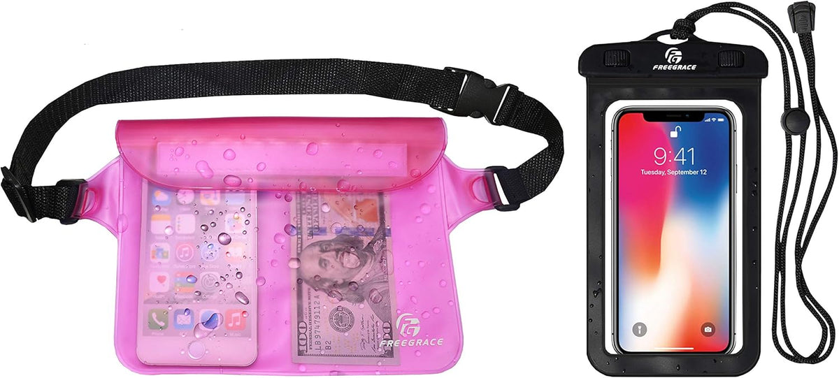 Freegrace Waterproof Pouches with Waist Strap / Pouch Case Bundle Set- Keep Your Phone & Valuables Dry and Safe - Waterproof Dry Bags for Boating Swimming Snorkeling Kayaking Beach Water Parks Pool