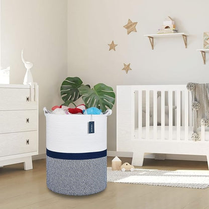 COMSE Extra Large Blanket Basket, Tall Woven Storage Basket, Nursery Hamper, 15.7”x 21.7”, Cotton Rope Laundry Hamper for Toys Clothes Towels, Blend White/Navy Blue