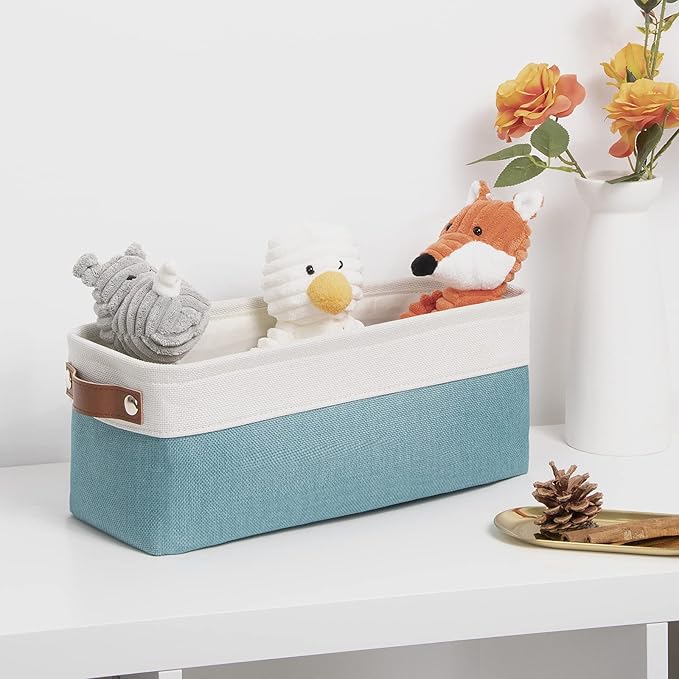DULLEMELO Fabric Bathroom Storage Bin with Leather Handles, Narrow Organizer for Towels, Toilet Paper Rolls, Storage Basket for Back of Toilet, Vanities, Shelves & Cabinets (White&Teal)