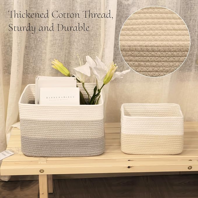 Hopegiver Woven Storage Baskets 15x11x10 Inch, 3 Pack Collapsible Cube Storage Bin for Shelves - Foldable Cotton Rope Organizer Bins for Towels, Toys, Books, Closet, Nursery (White Light-Gray Gray)