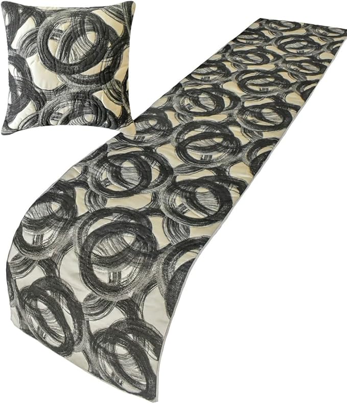 The HomeCentric King/Queen/Twin Black Designer King 90"x18" Bed Runner Without Pillow Cover, Circle, Rings, Quilted Bed Scarf on Jacquard Fabric - Circlewise