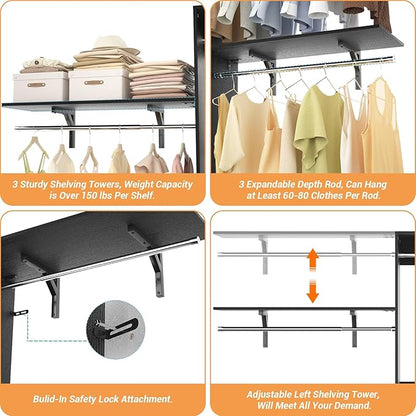 8FT Closet System with Shelves, 96'' Closet Organizer System with 3 Hanging Rods, Wall Mount Bedroom Wardrobe Walk-in Closet, Adjustable Cloth Garment Rack from 5 to 8FT (Cut to Fit), Black