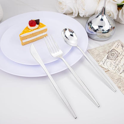 PULOTE 150PCS Silver Plastic Silverware Disposable - Heavy Duty Silver Plastic Cutlery Set - Plastic Utensils Set Include 50 Knives,50 Forks and 50 Spoons for Wedding,Party&Christmas