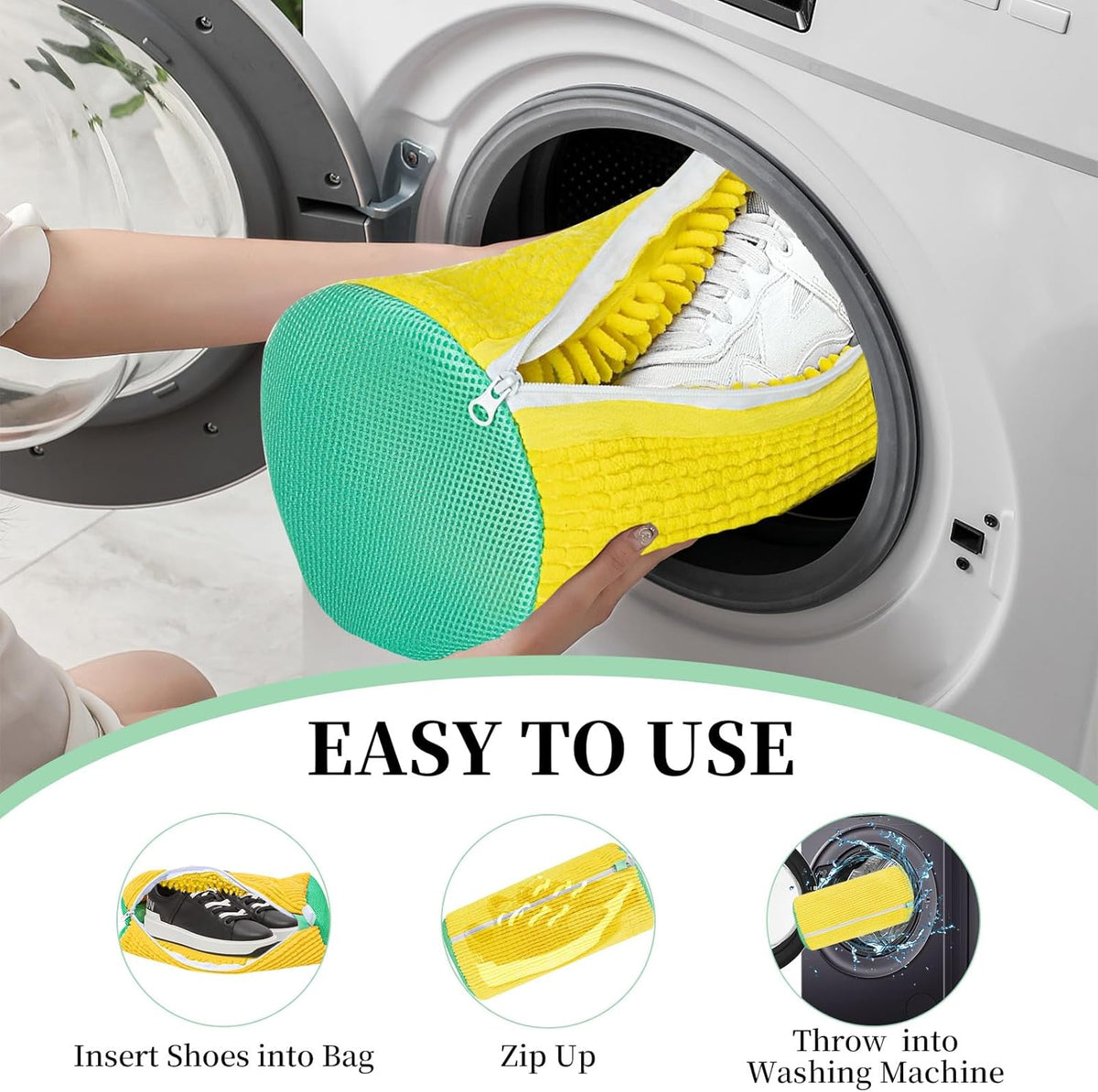 2Pcs Shoe Washing Machine Bag, Reusable Shoes Cleaning Bags for All Shoe Types, Laundry Shoe Bag for Washer and Dryer (Yellow)