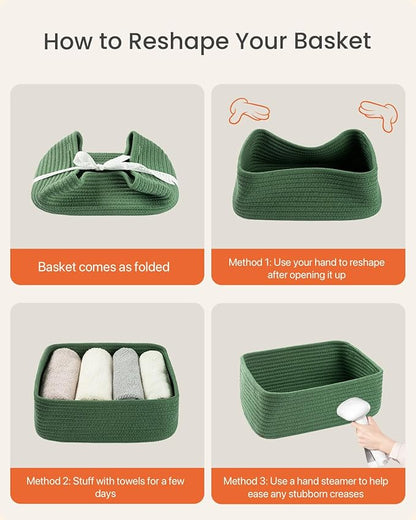 Small Woven Basket, 12 x 8 x 4.5 Inches, Storage Basket for Organizing, Cute Small Rope Shelf Closet Cube Storage Bins Baskets for Shelves, Dog Toy Gift Baskets Empty, 3 Packs, Green
