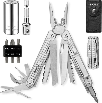 SHALL Multi Tool, 18-in-1 Multitool Pliers, Stainless Steel Multi-tool Pocket Knife w/Screwdriver Bit & Universal Socket, Self-locking Multipurpose Tool w/Sheath for Camping Fishing Survival Hunting