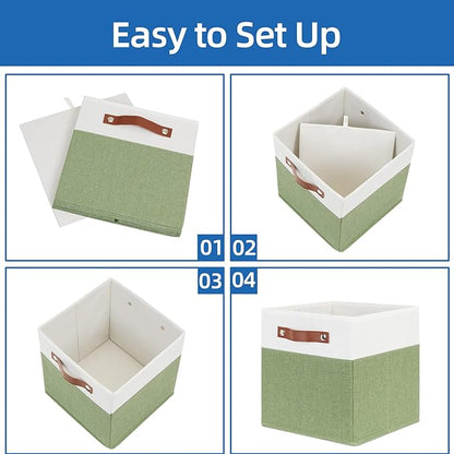 Temary Fabric Storage Bin 11x11 Cube Storage Bins for Home, 4 Pack Fabric Organizer Bins Cube Organizer Bins with Leather Handles Decorative Storage Bins for Shelf (White&Green)