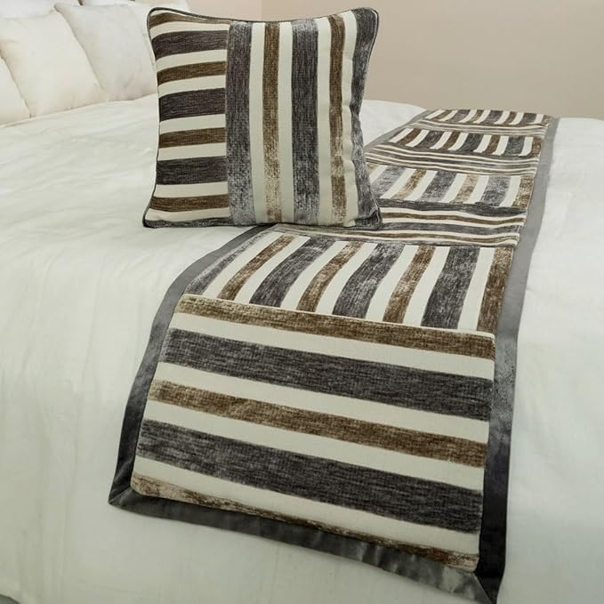 The HomeCentric King/Queen/Twin Beige & Grey Decorative Full 68"x18" Bed Runner with Pillow Cover, Patchwork Bed Scarf on Velvet Fabric - Striation