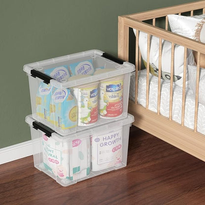 Set of 4 34 L Stackable Plastic Storage Bins with Latching Lids and Wheels, Clear Home Organization Container Box, See-Through