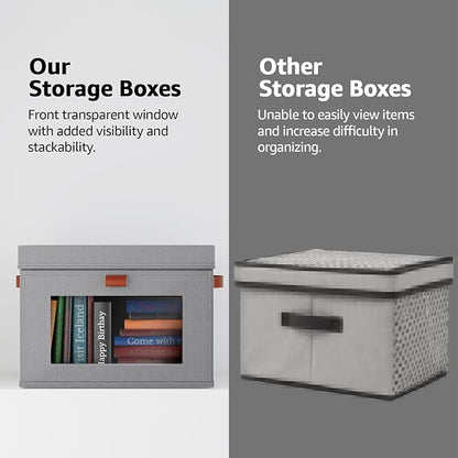 Large Storage Bins with Lids,Stackable&Collapsible Closet Storage Bins,Oxford Fabric Organizer Box with Clear Window,Large Decorative Storage Boxes for Shelves,Wardrobe,Living Room,Dorm(Grey)