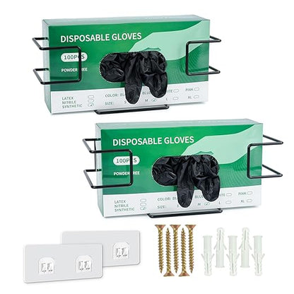 Glove Box Holder 2 Pack, Disposable Glove Dispenser Wall Mount, Metal Glove Rack Organizer for Rubber Latex Gloves Facial Tissue, Black