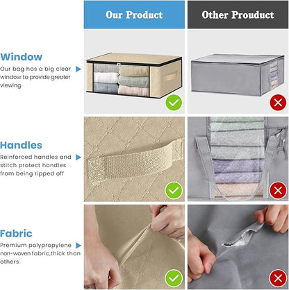 HomeHacks Storage 6-Pack Clothes Organizer Storage Bags Foldable Storage Box with Large Clear Window Sturdy Handles for Closet, Dorm, Pillows, Bedding, Clothes, Blankets, 35L, Beige