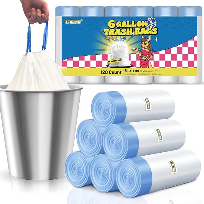 6 Gallon Trash Bags Drawstring 1.1 Mil - 120 Count Medium Garbage Bags,22.5 Liter Strong Plastic Trash Can Liners Unscented,Thick Waste Basket Bags for Home Bathroom Office Kitchen