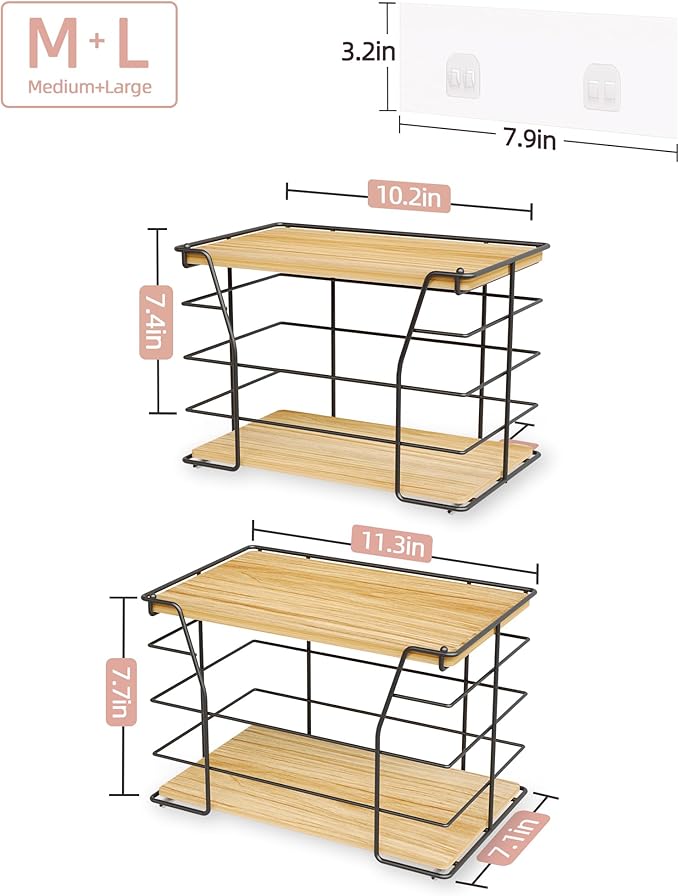 2 Pack Trash Bag Holder/Dispenser, Stackable Storage Laundry Kitchen Organizers for Countertop Organization, Wall Mount Garbage Bag Dispenser with wooden Top, No Drill