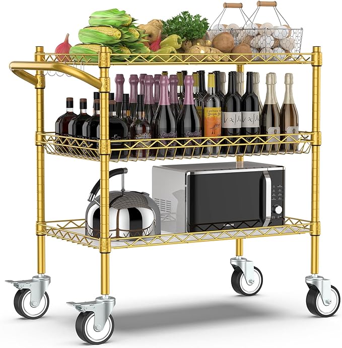 Leteuke 3 Tier Rolling Carts with Wheels,Heavy Duty Utility Bar Cart,NSF Commercial Grade Metal Cart with Handle&Shelf Liner,Trolley Serving Cart for Kitchen,Restaurant,Plant Display,Gold