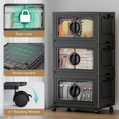 JEKO&JEKO 249Qt Lockable Stackable Storage Bins with Lids, Collapsible Closet Organizer with Wheels, Plastic Cabinet Drawer for Clothes, Dorm Room 3 Pack (Black)